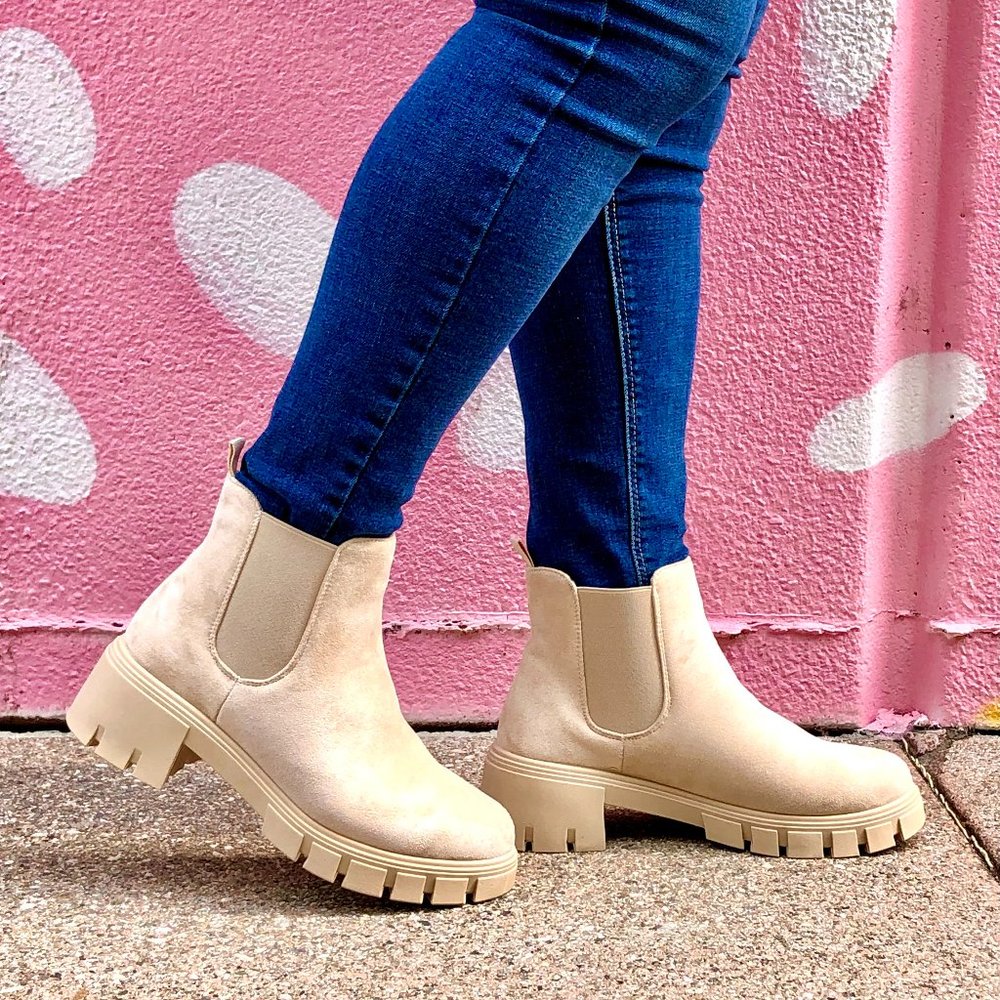 Beige Vegan Suede Chunky Lug Boots - Picture 3 of 8
